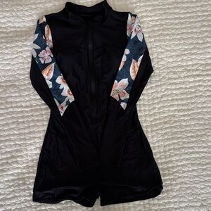 Floral Long Sleeve One Piece Black Rash Guard with Built-in Support